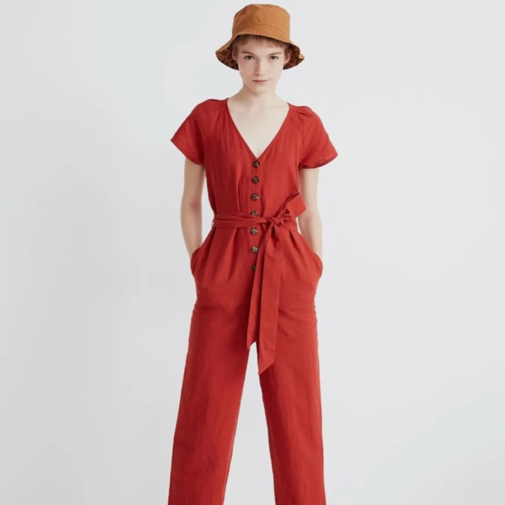 Madewell Linen-Cotton Pleat-Sleeve Jumpsuit Dark Cinnabar - Size 0